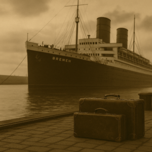A sepia-toned photo of the SS Bremen, a German ocean liner used by Jewish refugees in the 1930s, with two vintage suitcases on the dock in the foreground.