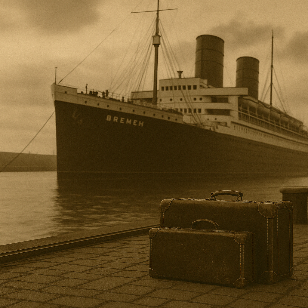 A sepia-toned photo of the SS Bremen, a German ocean liner used by Jewish refugees in the 1930s, with two vintage suitcases on the dock in the foreground.