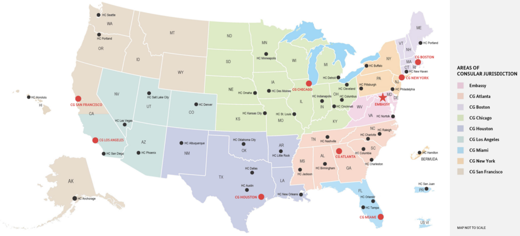 Map of German Consulates General, the German Embassy, and Honorary Consuls in the United States showing each office's consular jurisdiction.
