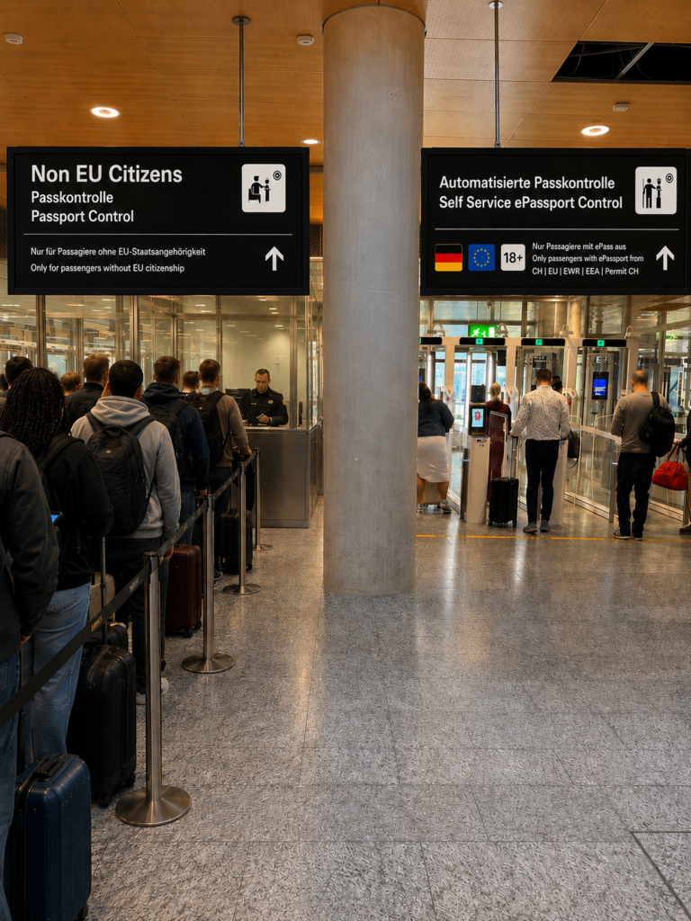 German airport passport control showing separate lanes for non-EU citizens and EU passport holders